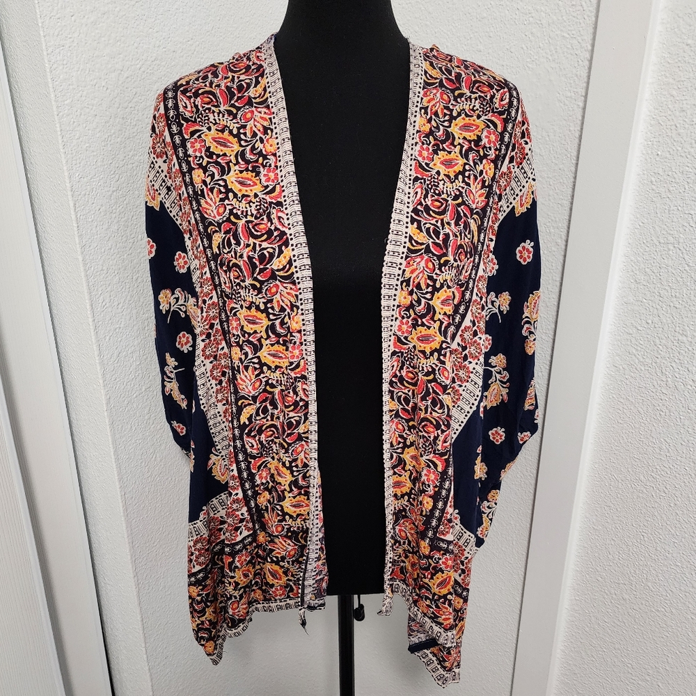 Angie Navy Blue & Orange Paisley Floral Kimono Sleeve Cardigan